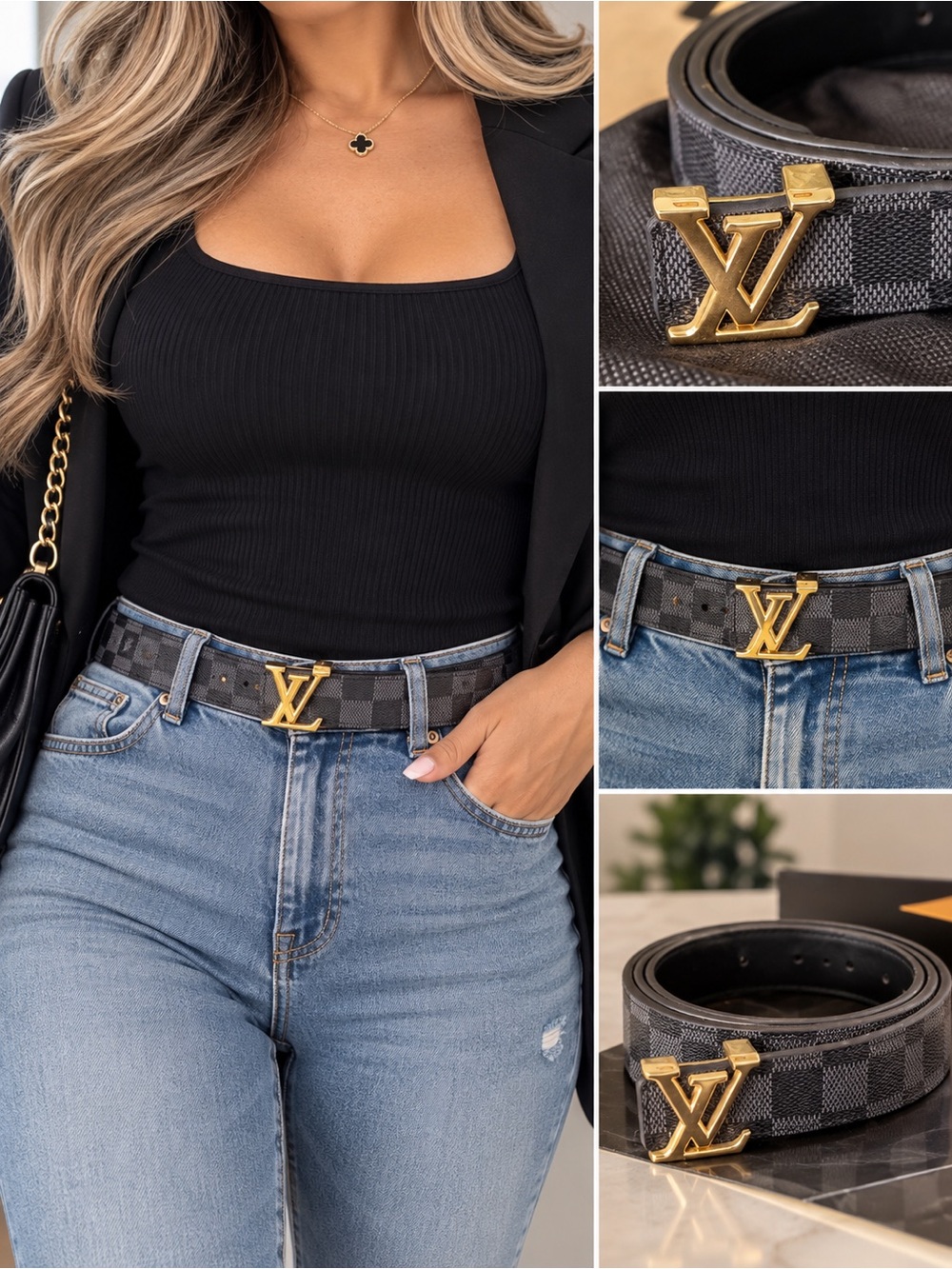 Gray Black Damier Ebene Canvas Belt with Gold LV Buckle